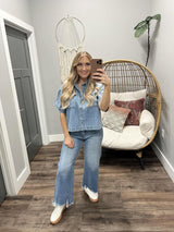 TAWNIE ACID WASH SHORT SLEEVE DENIM BLOUSE TOP