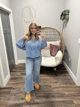 JANA EMBROIDERED BLUE FLORAL BLOUSE TOP