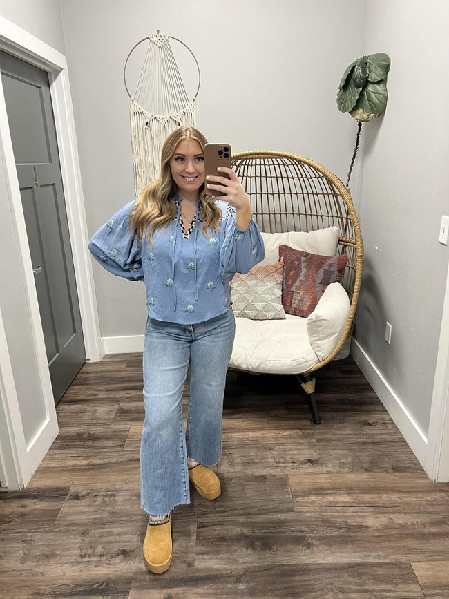 JANA EMBROIDERED BLUE FLORAL BLOUSE TOP