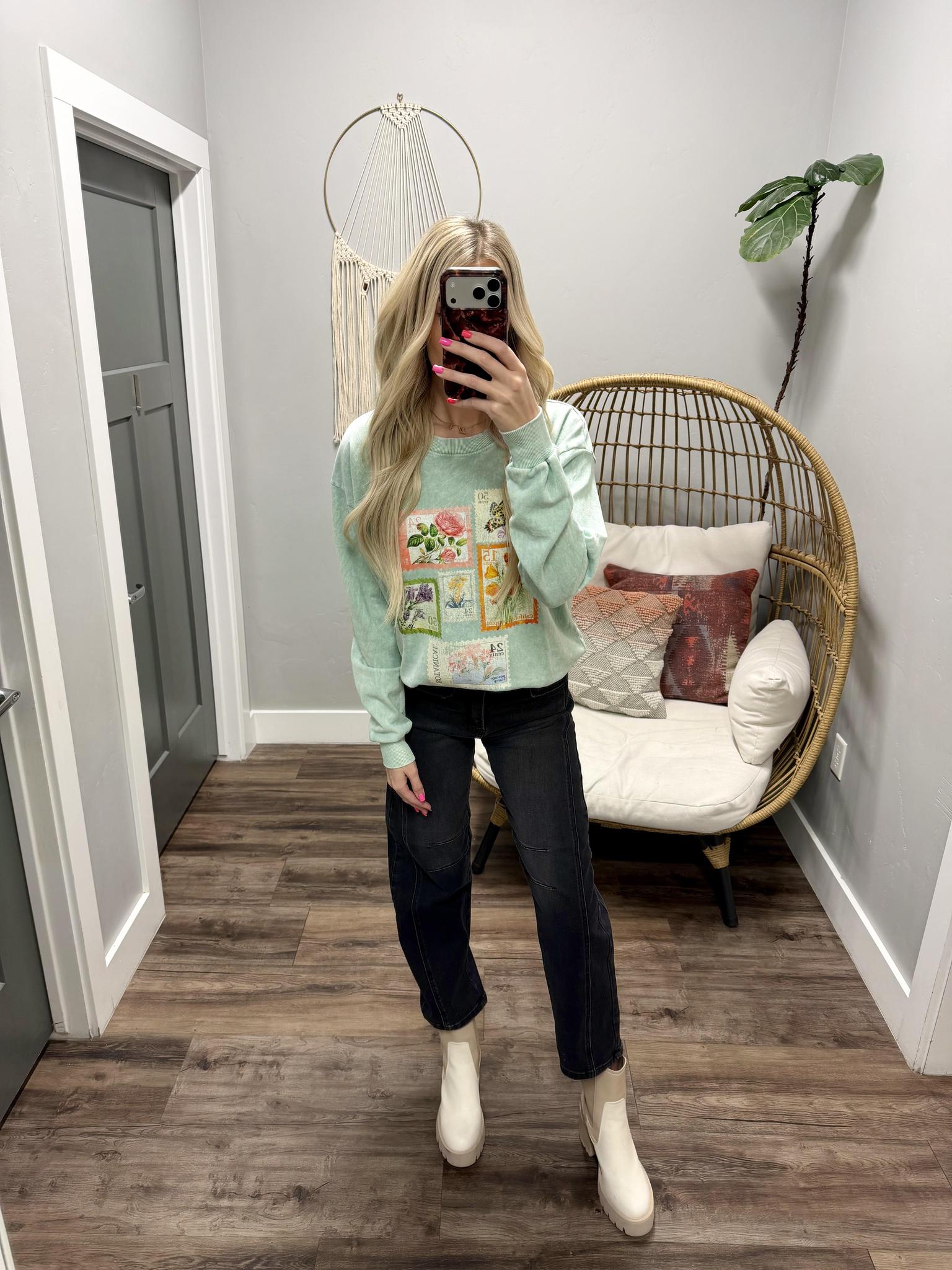 TEAL WASHED FLORAL VINTAGE STAMPS CREW SWEATSHIRTS