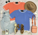 HAVEN BLUE STITCH DETAIL KNIT SHORT SLEEVE TOP