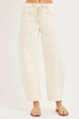 ASHTON CREAM TIE FRONT BELTED BARREL DENIM JEANS