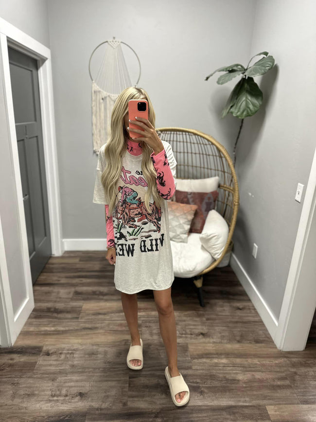 NEON PINK WILDFLOWERS AND WILD HORSES LONG SLEEVE MESH TOP
