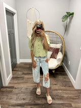 CHARLIE SPRING GREEN SHORT SLEEVE BUTTON UP CARDIGAN TOP