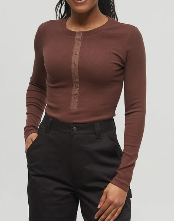 TENTREE DEEP MAHOGANY RIBBED LONG SLEEVE TOP