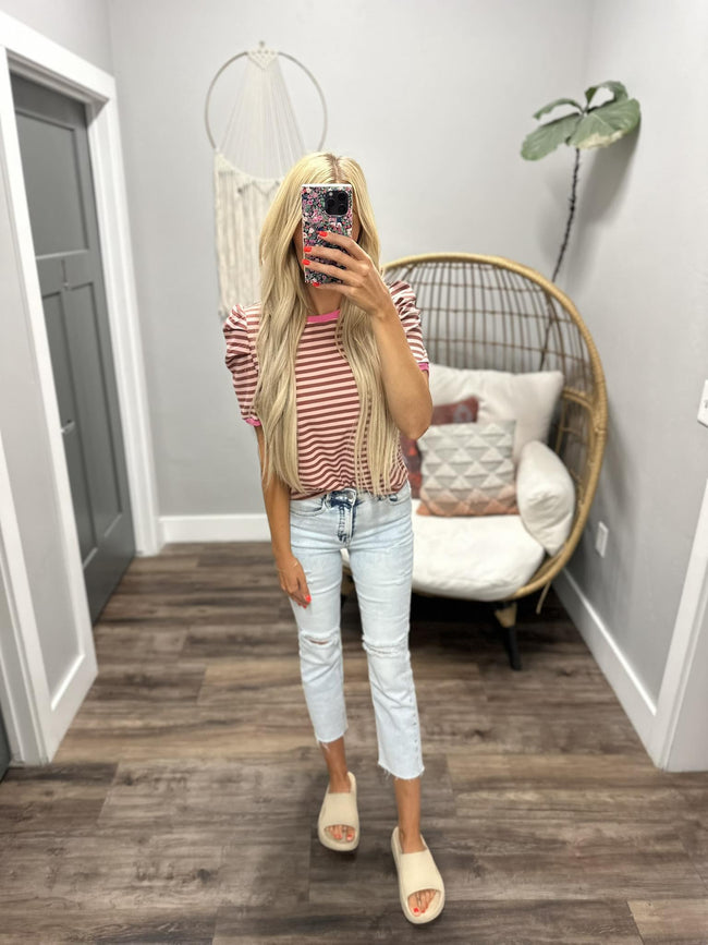KELSIE RED BEAN AND PINK STRIPE PUFF SLEEVE BLOUSE