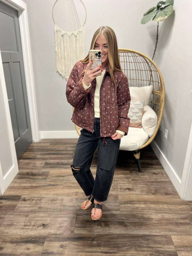 ADDIE BURGUNDY FLORAL PUFFER QUILT JACKET TOP