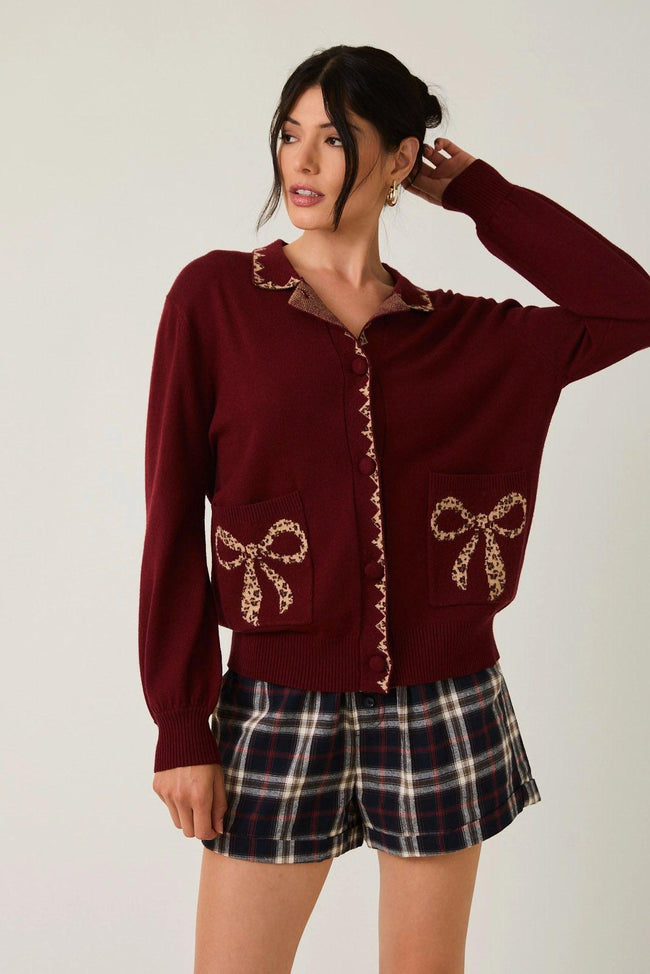 GABBY MAROON LEOPARD BOW DETAIL CARDIGAN TOP