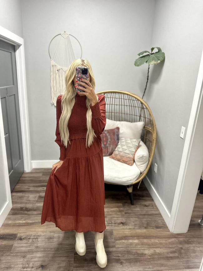 STACEY BRICK SMOCKED LONG SLEEVE DRESS