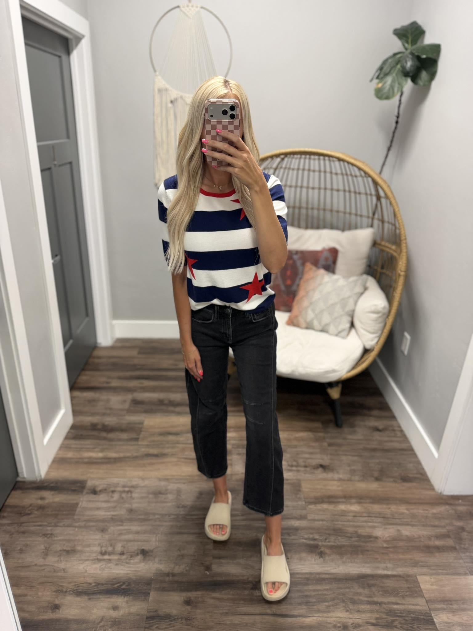STARS AND STRIPES SHORT SLEEVE SWEATER TOP