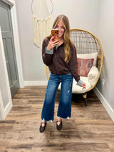 JORDAN CHOCOLATE AND NAVY GINGHAM PLAID CUFF CARDIGAN TOP