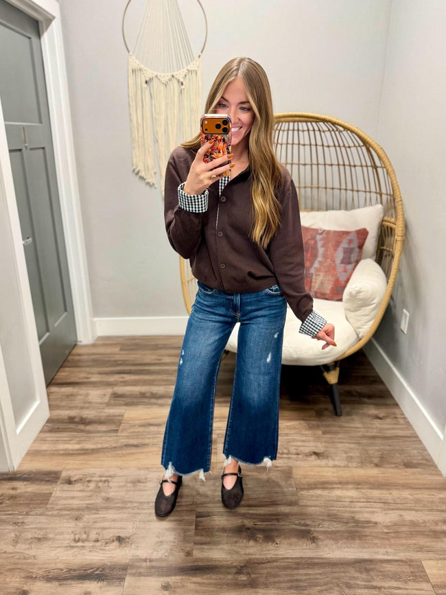 JORDAN CHOCOLATE AND NAVY GINGHAM PLAID CUFF CARDIGAN TOP