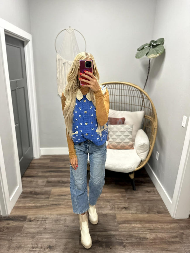 TRINITY COBALT PRINT SWEATER VEST TOP