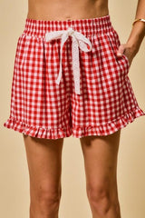 CAMDEN RED RUFFLE PLAID TIE FRONT SHORTS