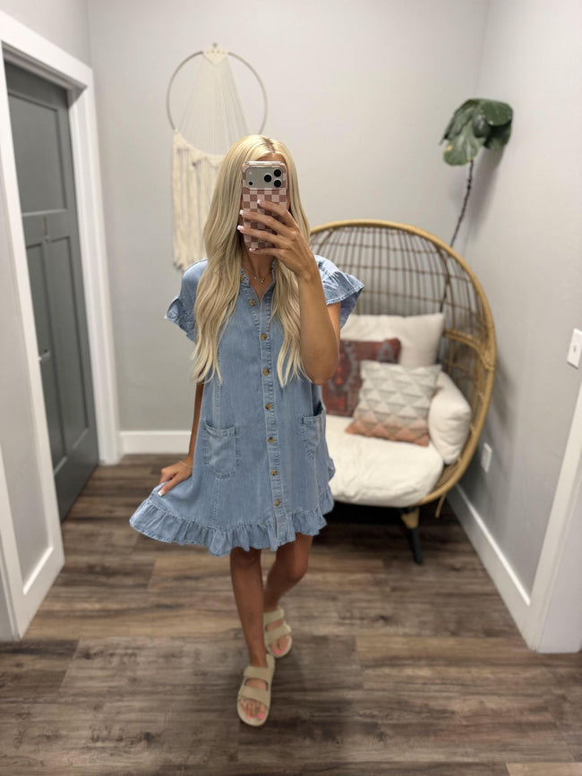 ALEXA RUFFLE SHORT SLEEVE DENIM DRESS