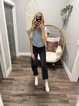 BRINLEY PINSTRIPE POCKET BUTTON UP BLOUSE TOP