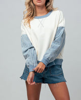 CHANDIE CREAM AND DENIM LONG SLEEVE SWEATER TOP
