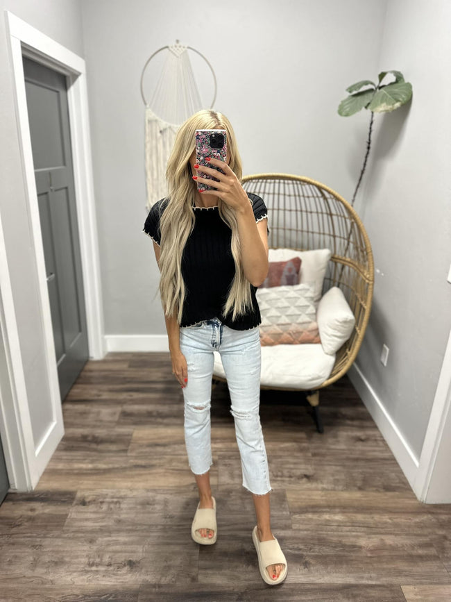 GIGI BLACK AND TAUPE TRIM KNIT SWEATER TOP