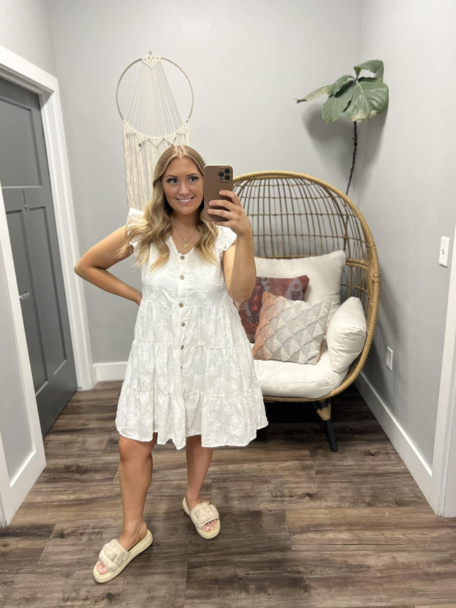 CASEY WHITE BUTTON UP FLUTTER SLEEVE DRESS