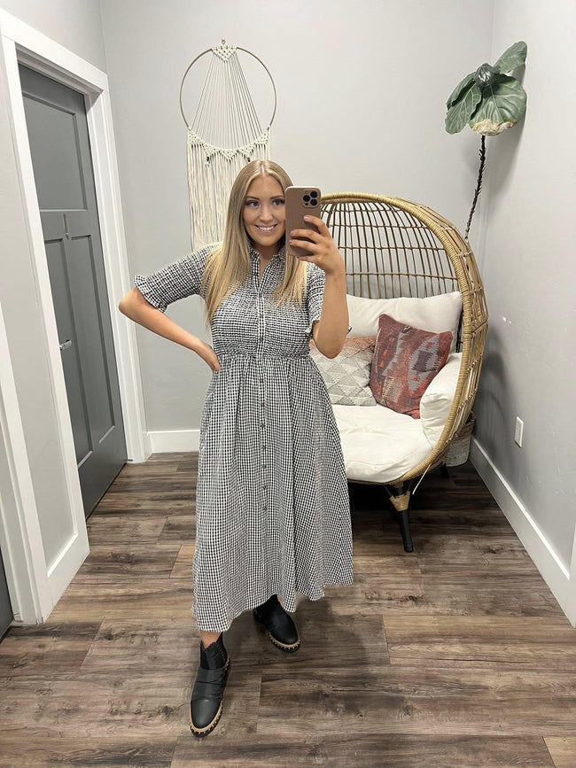 DENISE BLACK AND WHITE CHECKERED BUTTON FRONT DRESS