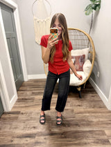 JUDY RED SHORT SLEEVE HENLEY TOP