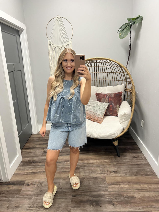 SHAYLEE DENIM BOW TANK TOP