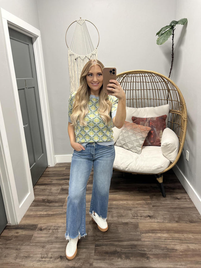 BRADY BLUE AND LIME FLORAL PATTERN SWEATER TOP