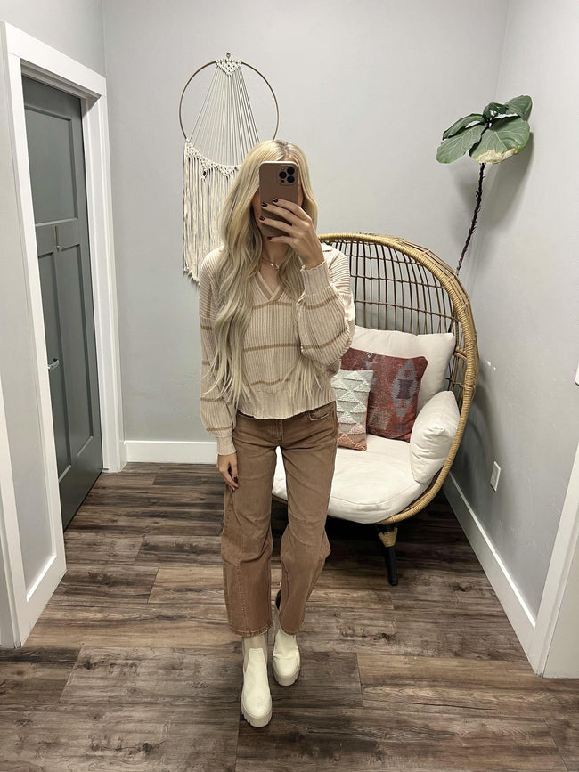 BRIELLE OATMEAL BROWN STRIPE KNIT SWEATER TOP