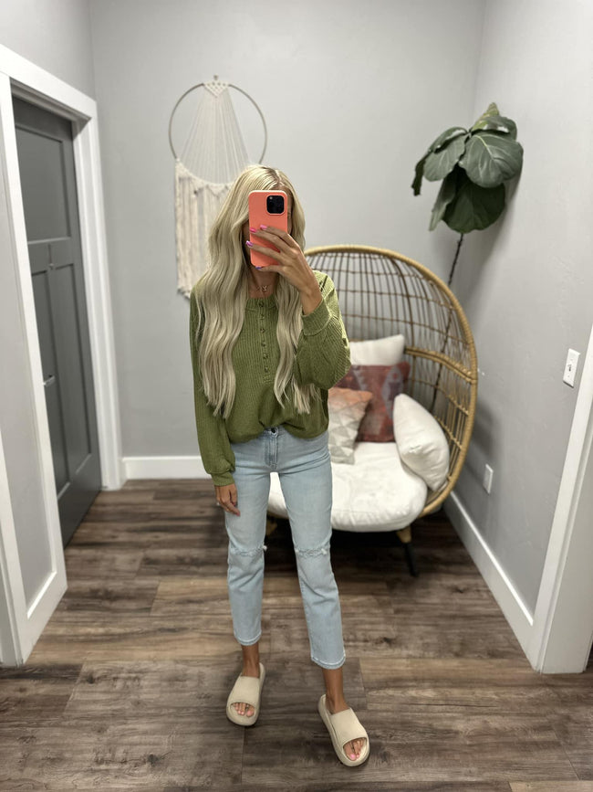 NICOLE OLIVE GREEN HENLEY TOP