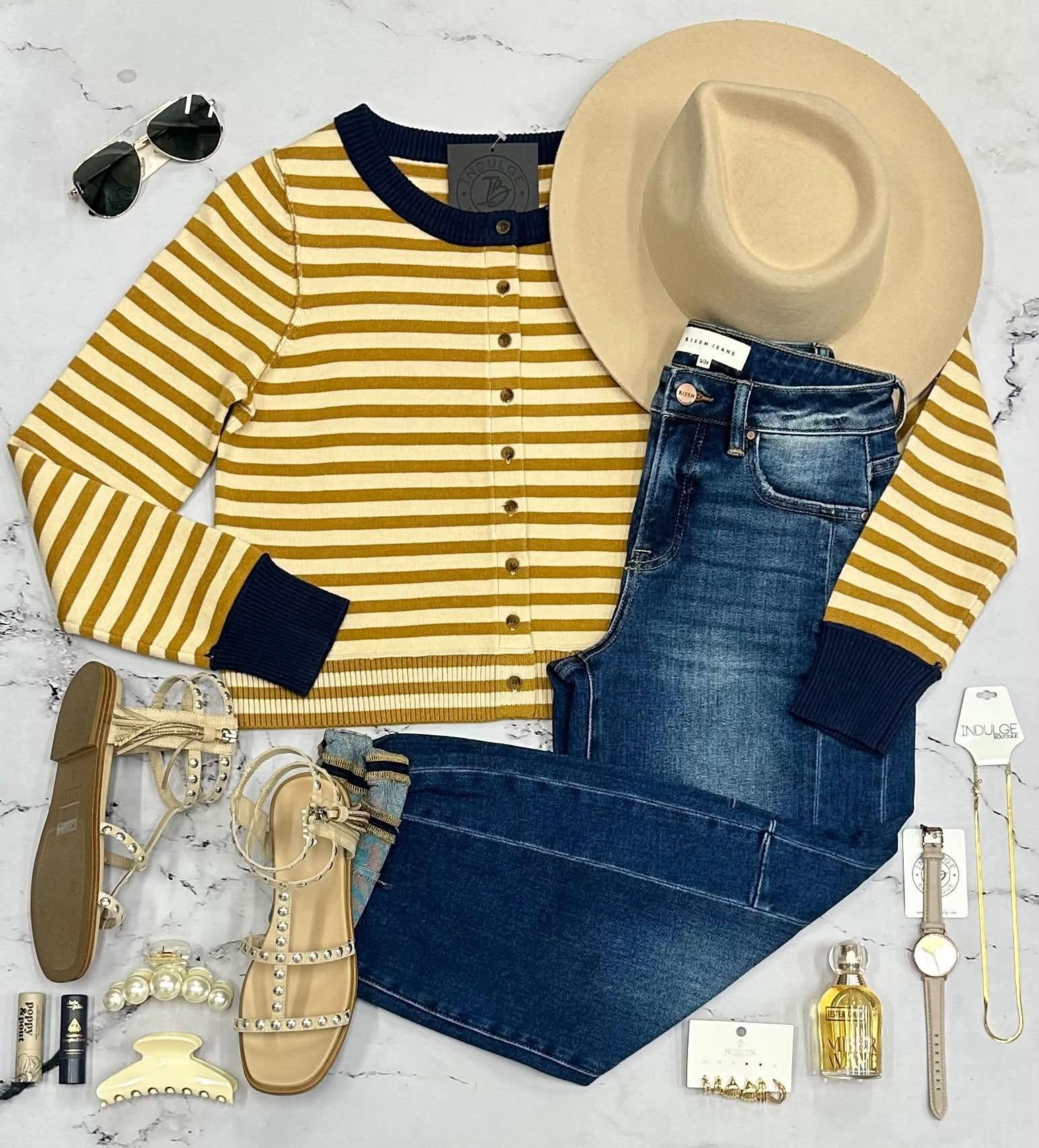 DEBBIE NAVY AND MUSTARD STRIPE CARDIGAN TOP