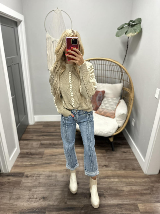 KIERA WARM GREY BRAIDED DETAIL SWEATER TOP