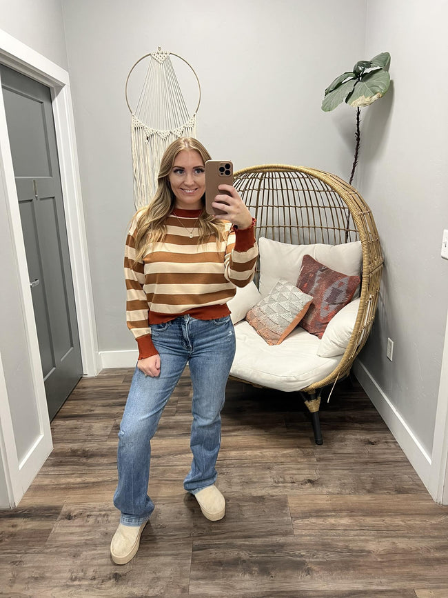 PENNIE CAMEL RUST STRIPE SWEATER TOP