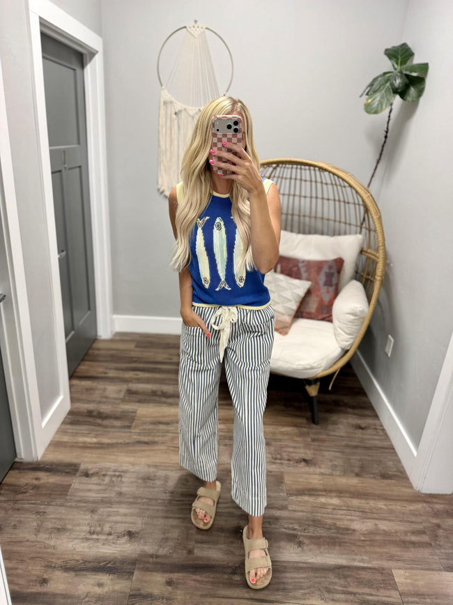 CARLA BLUE STRIPE TIE FRONT PANTS