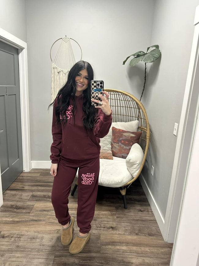 MAROON AND HOT PINK PUFF HOMEBODY SWEATSET HOODIE AND JOGGERS