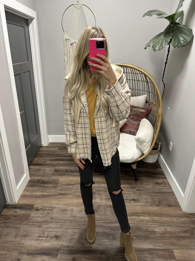 FELICIA BEIGE PLAID HOODED FRAY BOTTOM SHACKET
