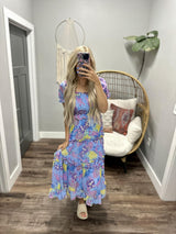 LINDSAY BLUE FLORAL MULTI PUFF SLEEVE DRESS