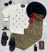 IVORY CHERRY EMBROIDERED KNIT SHORT SLEEVE SWEATER TOP