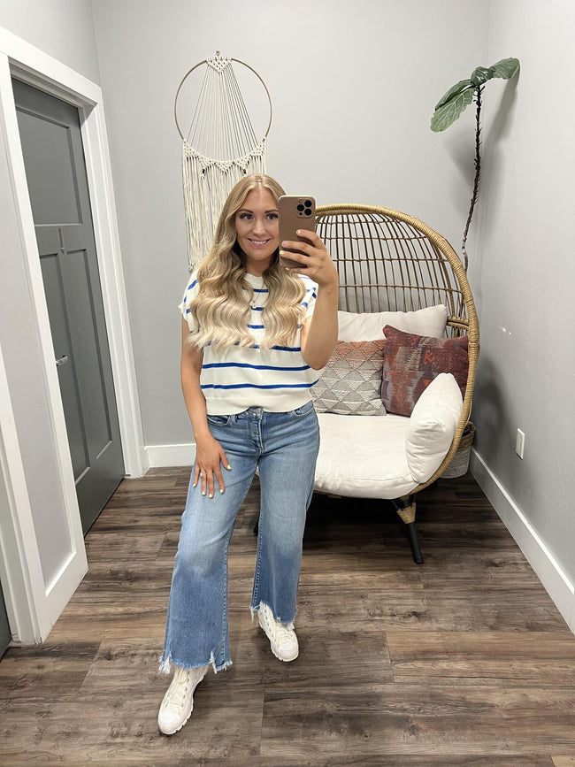 SELENE COBALT STRIPE SHORT SLEEVE SWEATER TOP