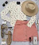 AVERY CREAM THERMAL FLORAL BUTTON FRONT LONG SLEEVE TOP