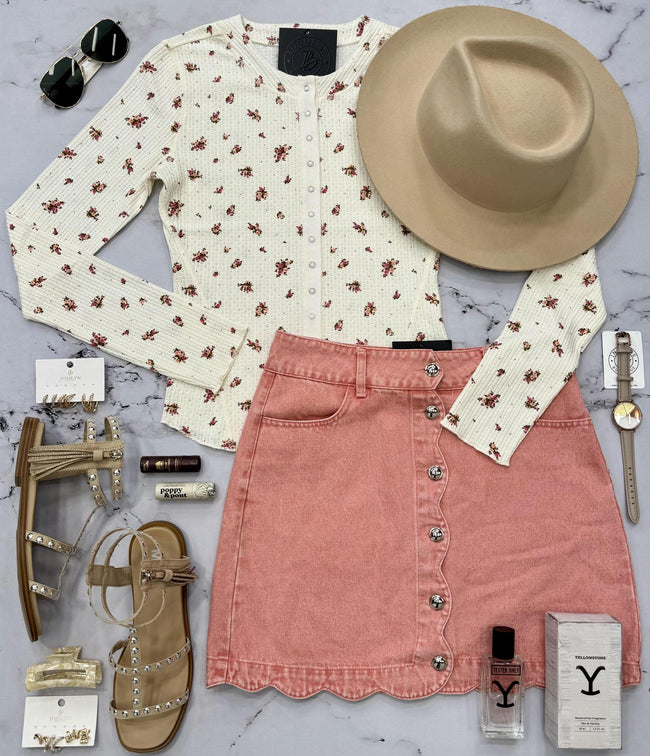 AVERY CREAM THERMAL FLORAL BUTTON FRONT LONG SLEEVE TOP