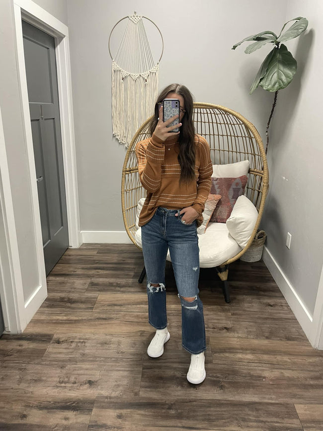 FALL FEVER CAMEL STRIPE TEXURED LONG SLEEVE SWEATER TOP