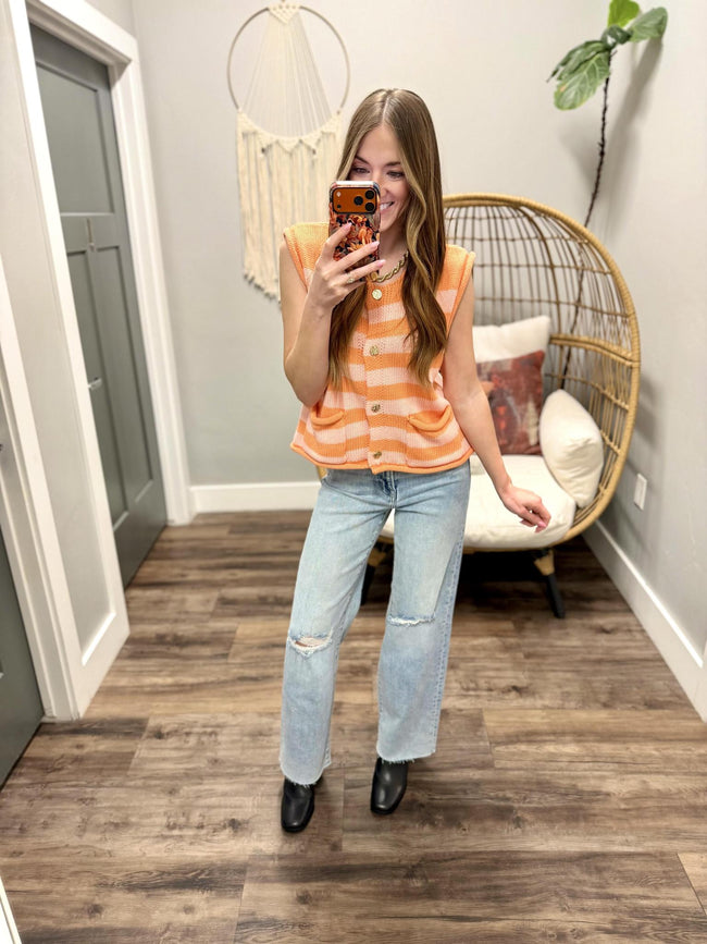 JAMI MANGO AND PINK STRIPE BUTTON UP SWEATER TOP
