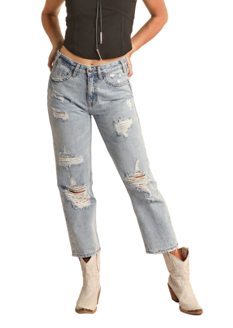 WOMENS ROCK & ROLL STRAIGHT CROP LIGHT WASH JEANS
