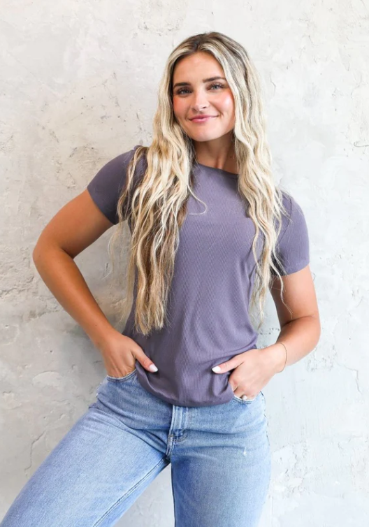 STORMY GREY RIBBED SHORT SLEEVE TEE