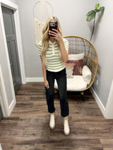 KAYLAN SAGE STRIPE HENLEY COLLARED SWEATER TOP