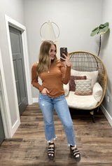 SANDRA LONG SLEEVE RIBBED TEE IN RUST STRIPE