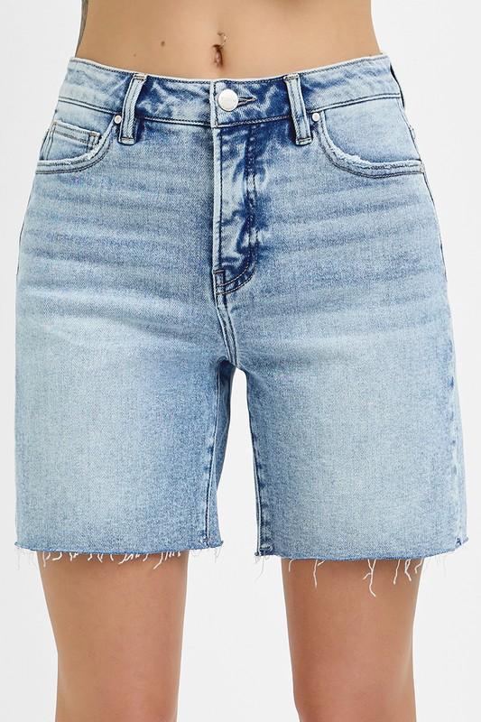 HARVEY HIGH RISE LIGHT WASH RAW CUT HEM BERMUDA SHORTS