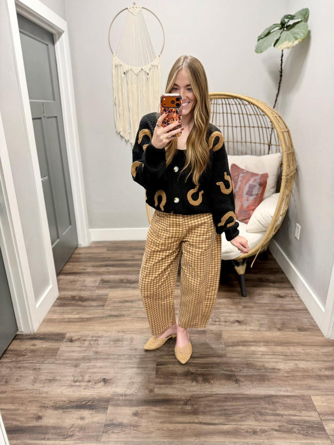 EMMIE CAMEL/CHESTNUT CHECKERED BARREL PANTS