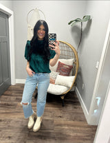 VICTORIA EMERALD VELVET PUFF SLEEVE BLOUSE