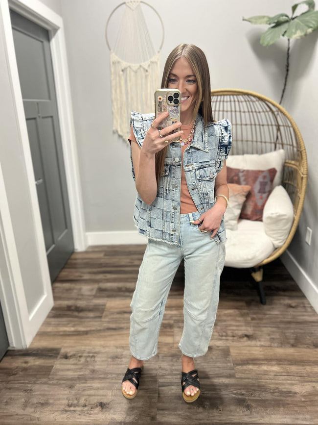 CHECK ME OUT RUFFLE DENIM VEST TOP